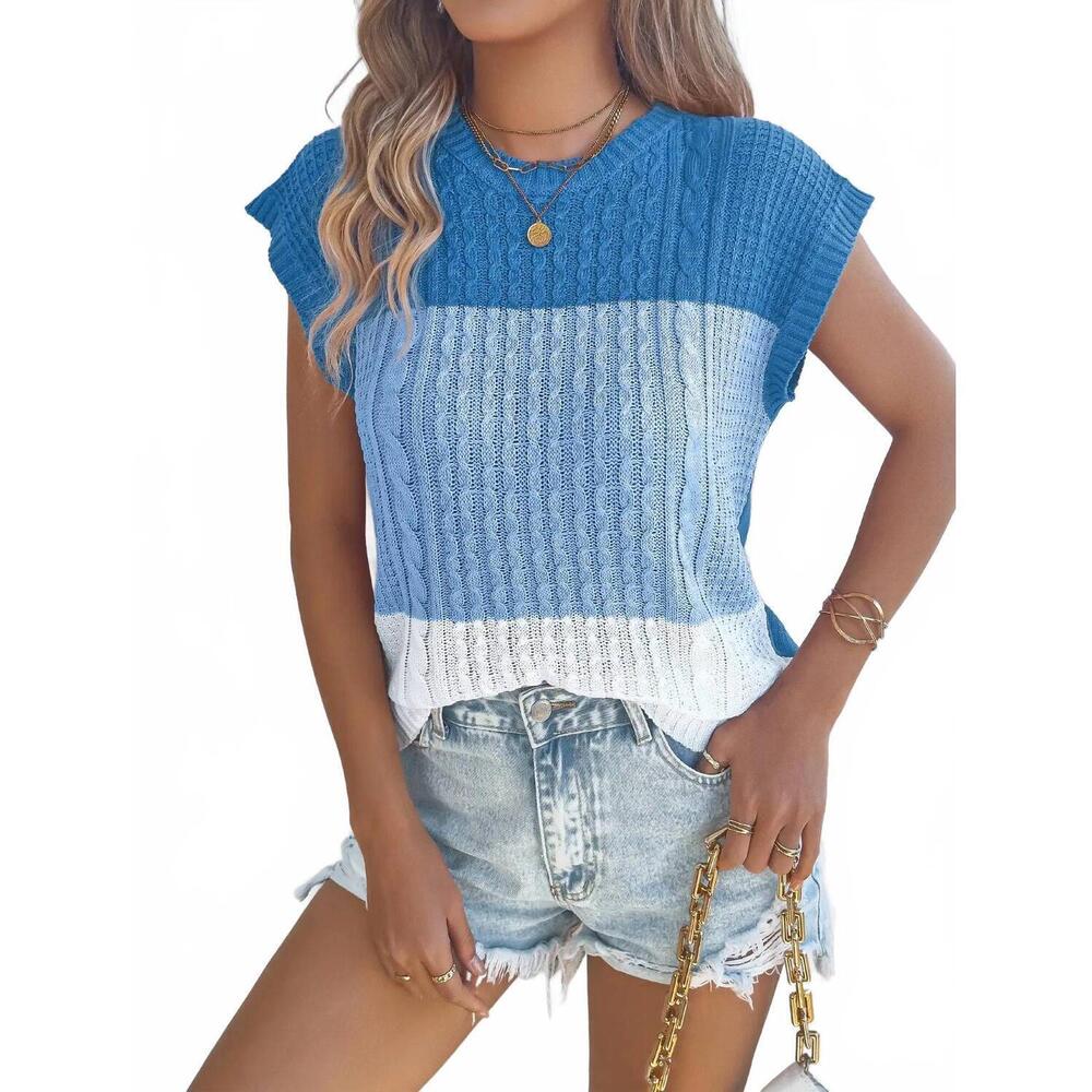 NEW ANNA-KACI color block knit short sleeve pullover in blue